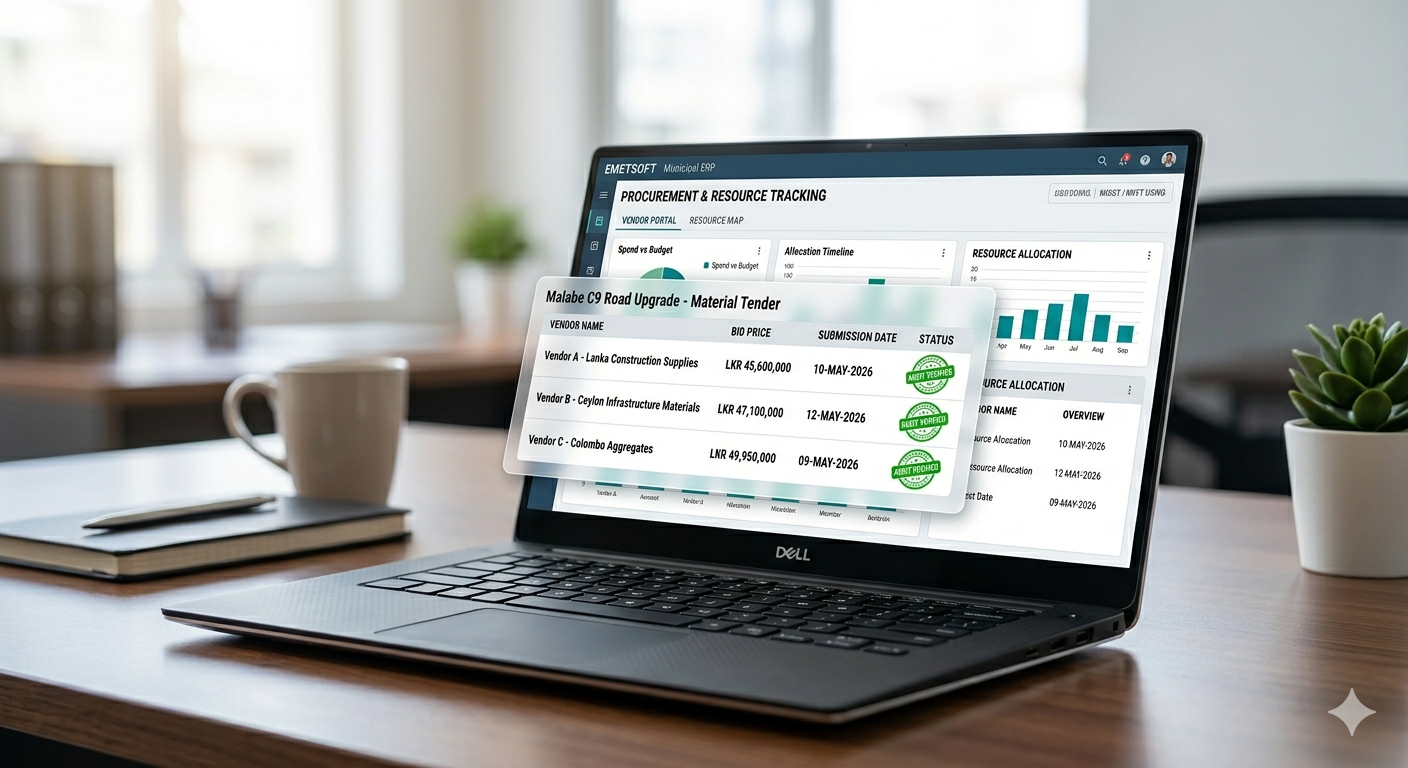 Laptop screen displaying procurement tender status with Audit Verified badges