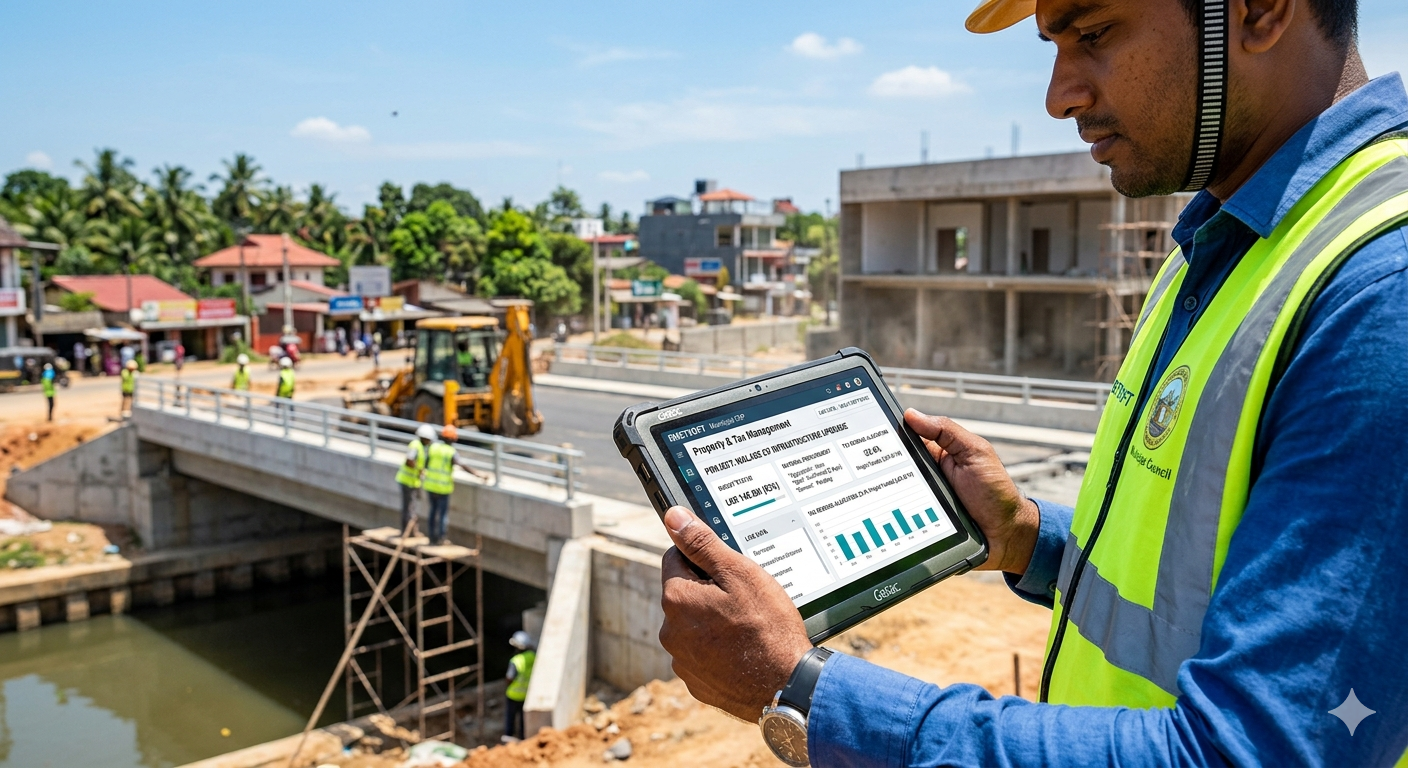 Sri Lankan Field Officer tracking budget on tablet near a bridge construction site