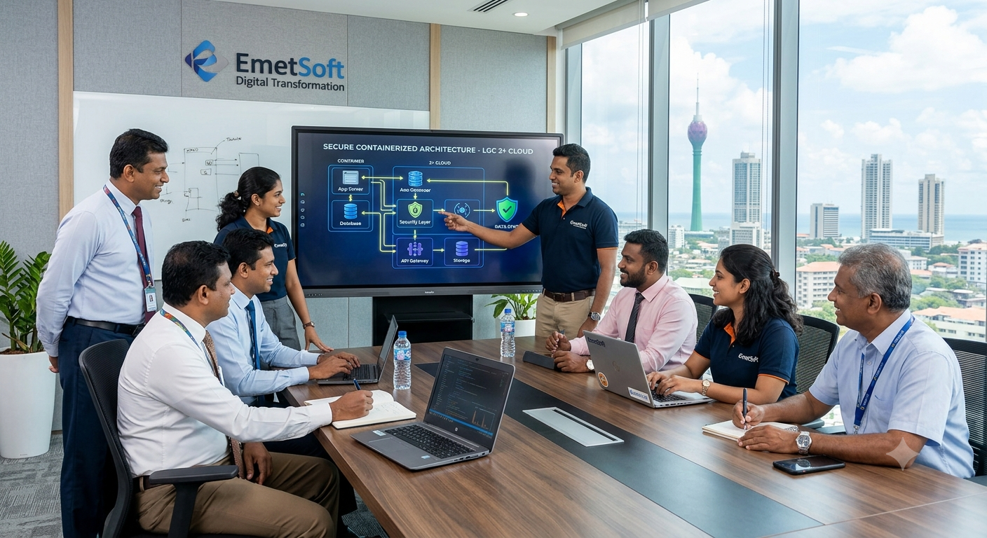 Sri Lankan technology officers and developers collaborating on cloud architecture