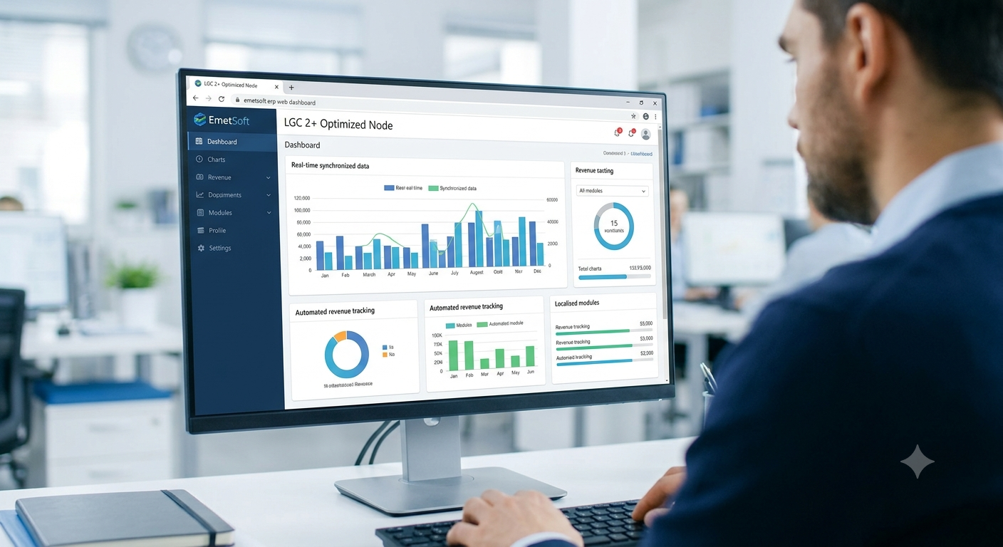 EmetSoft ERP interface running smoothly on a high-definition monitor in a modern office