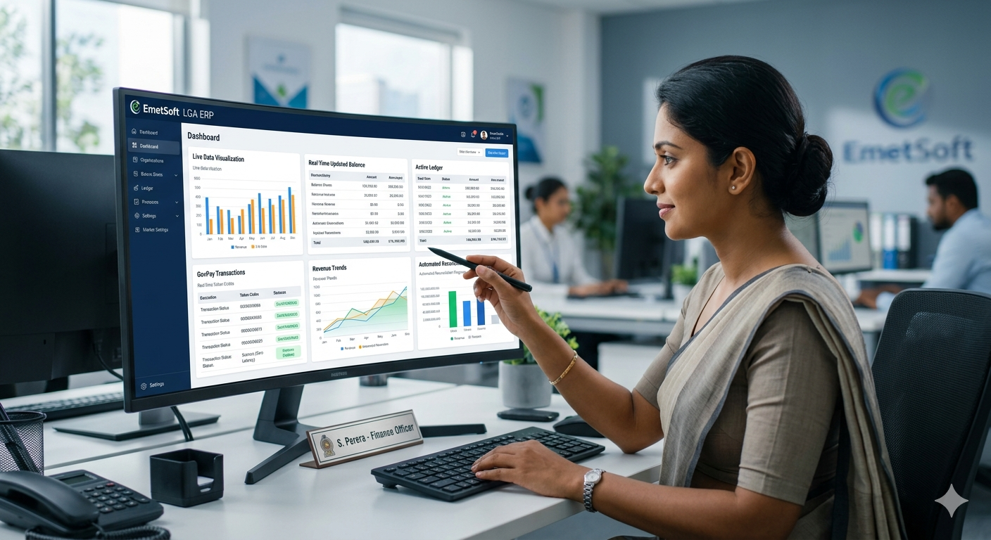 Municipal Finance Officer utilizing EmetSoft ERP Dashboard with live GovPay Sync