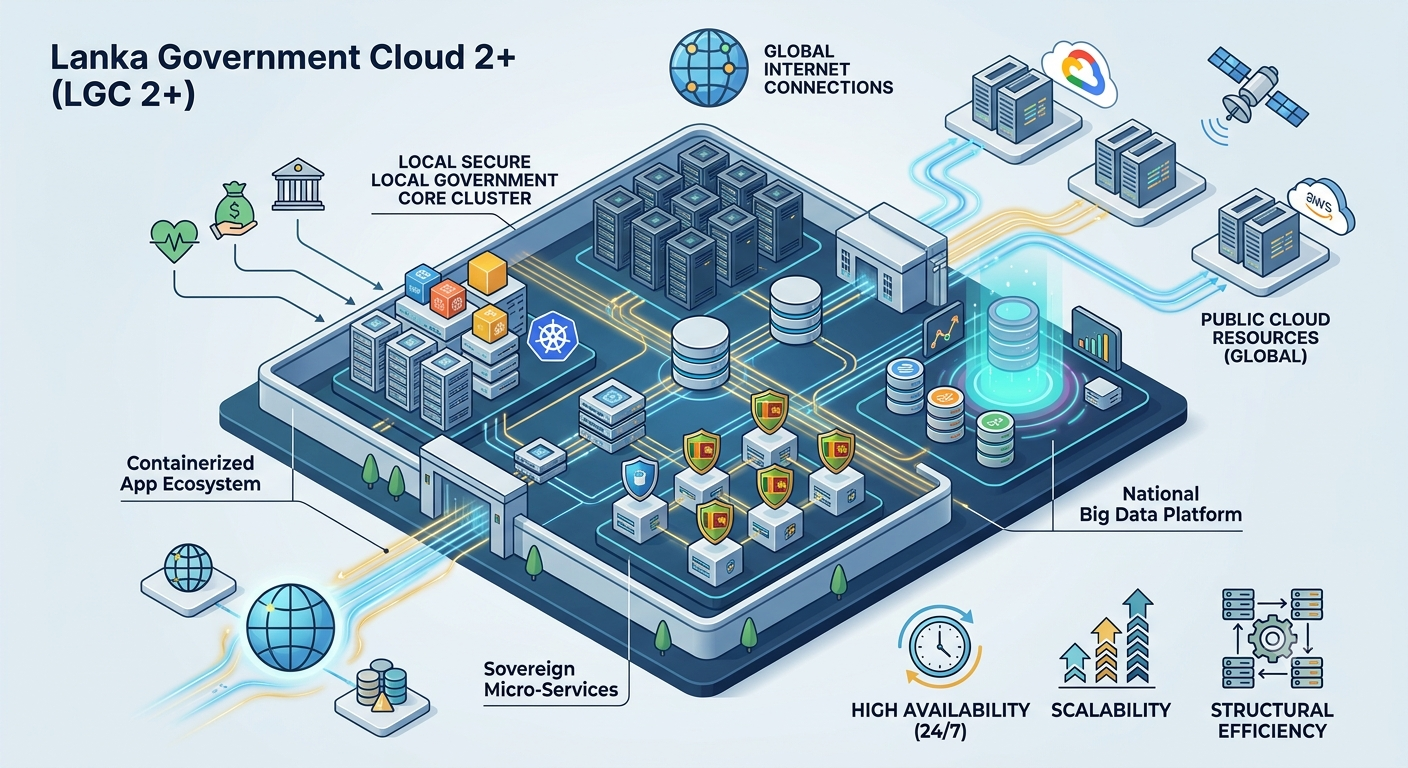 3D Isometric Infographic of Lanka Government Cloud 2+ Hybrid Infrastructure