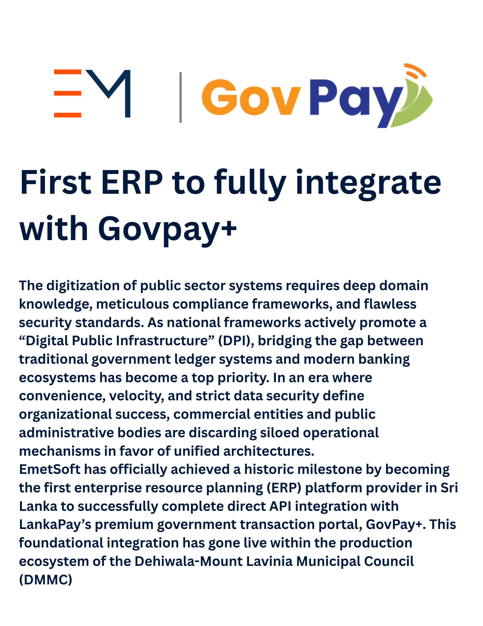 EmetERP LankaPay GovPay+ integration